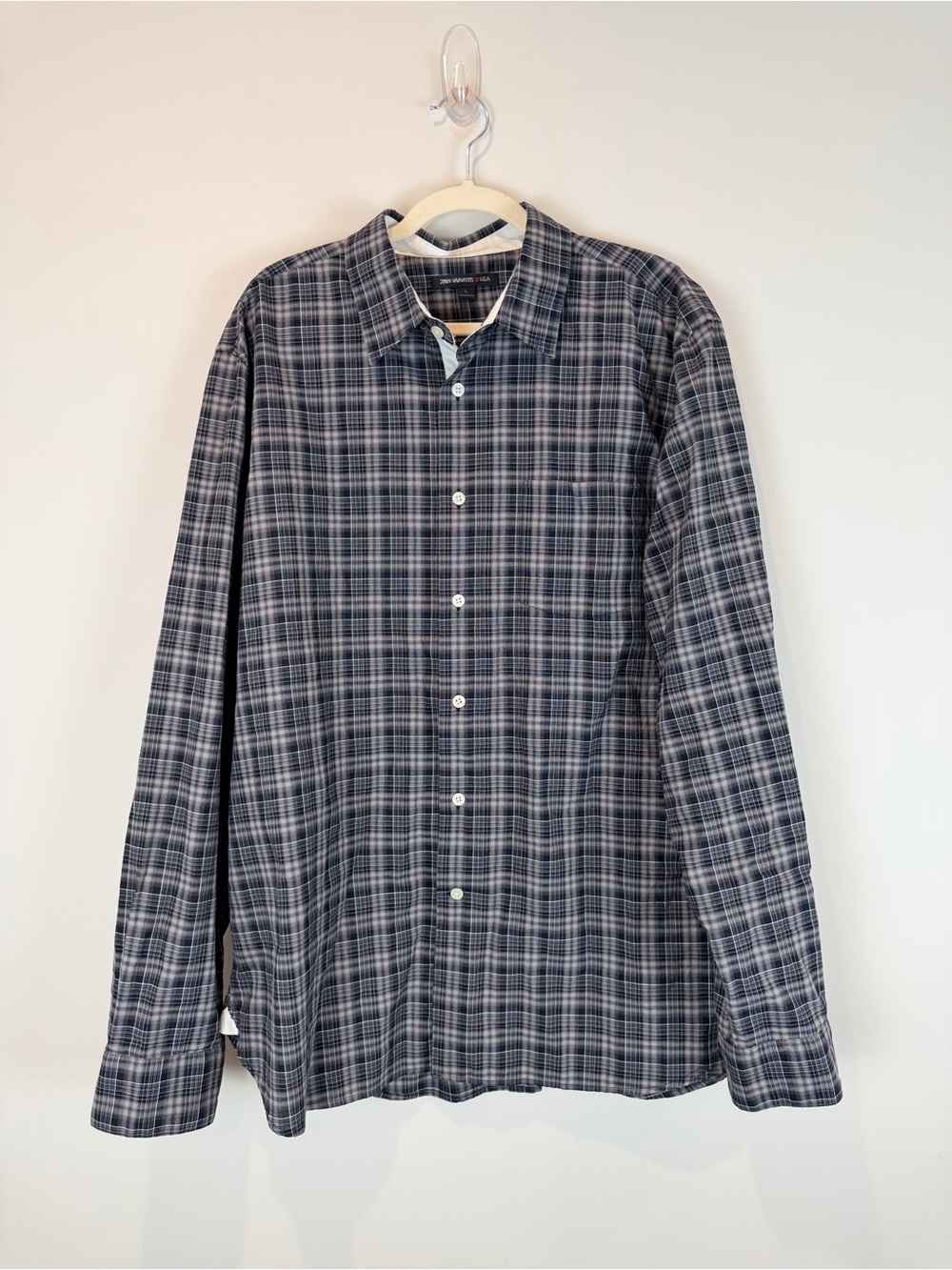 John Varvatos Men's Navy and Gray Plaid Button-Down Shirt Size Large